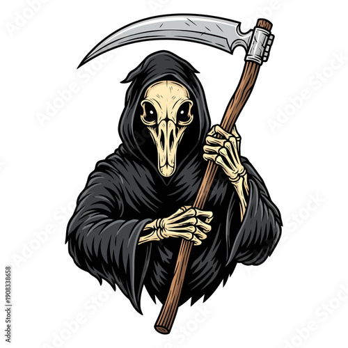 Grim reaper with duck skull head wearing black robe and holding sharp scythe vector illustration