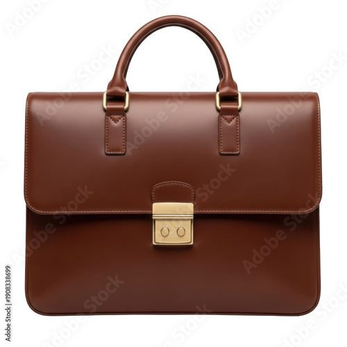 A brown leather briefcase with a gold clasp isolated on transparent background