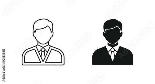 Two minimalist black and white icons depict male figures wearing suits and ties representing user profiles high quality