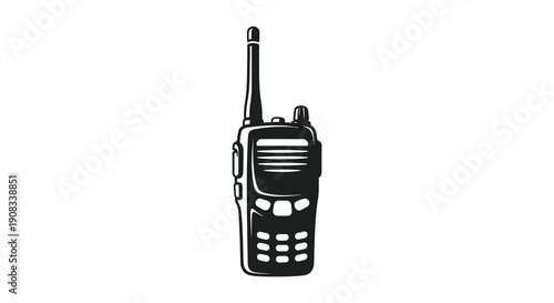 A stylized black and white illustration depicts a walkie talkie showcasing its antenna buttons and rectangular form high quality professional detailed