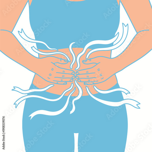 Parasitic Worms in Intestine Causing Abdominal Pain. Woman Suffering from Helminthiasis. Medical Cartoon Illustration.