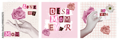 Happy Mother’s Day halftone collage cards with cutout letters and flowers. Trendy vintage square banners