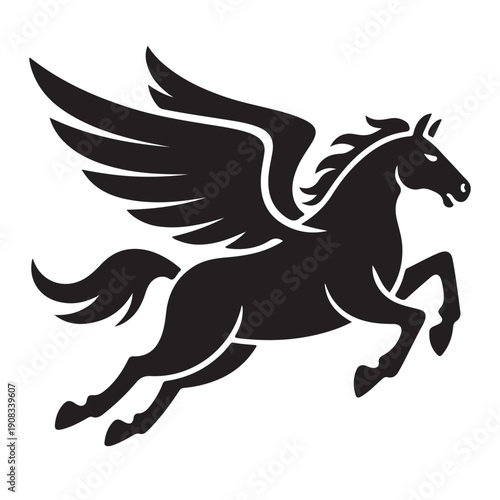 Pegasus mythical winged horse silhouette flying with majestic wings spread for heraldic design logo emblem and fantasy character illustration