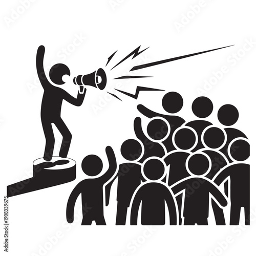 Public speaker addressing crowd using megaphone icon representing announcement protest rally or leadership communication