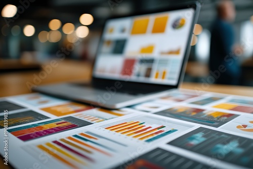 Close-up shot of a laptop displaying colorful charts and diagrams, with printed sheets of charts spread on the desk