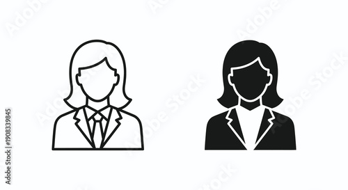 A minimalist depiction showcases two variations of a female professional icon one outlined and one solid high quality