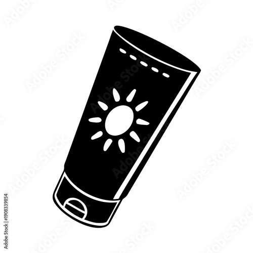Black icon of a tube for sunscreen packing, essential item for sunny travel. Convenient sunscreen packing bottle outlines a protective lotion, a must-have for summer adventures.