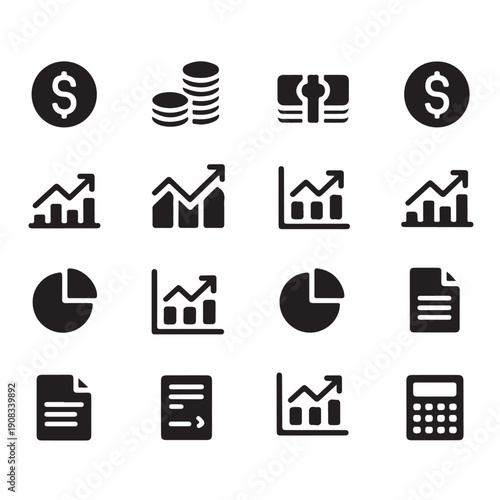 Set of black and white business finance icons, including money, coins, growth charts, pie graphs, documents, and a calculator on a transparent background