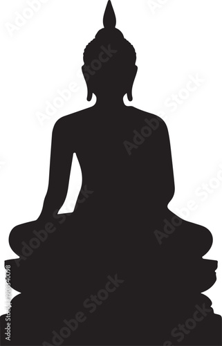 Silhouette of a serene buddha statue sitting in a meditative pose on a pedestal.