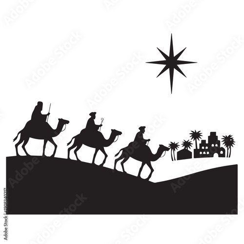 Three wise men riding camels across a desert landscape towards a star, with a distant village silhouetted in the background, christmas nativity scene