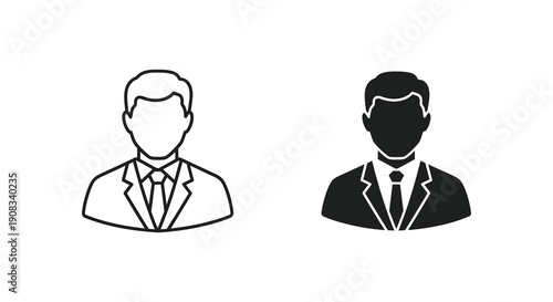 Two monochrome icons depict male figures in suits one outlined and one solid black high quality professional detailed