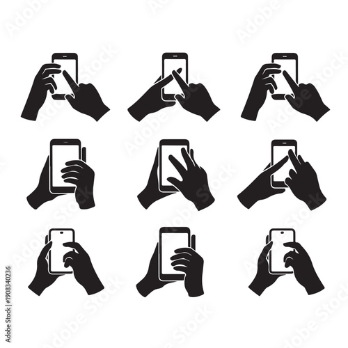 Touch screen hand gestures set with mobile phone interaction icons for application development user interface design and smartphone tutorials