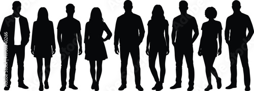 Diverse group of standing people silhouettes, male and female full body figures, business casual lineup isolated on white
