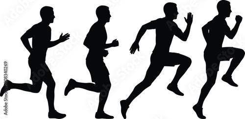 Set of male running silhouettes in sequence, athletic sprint motion stages, dynamic fitness training figures isolated on white