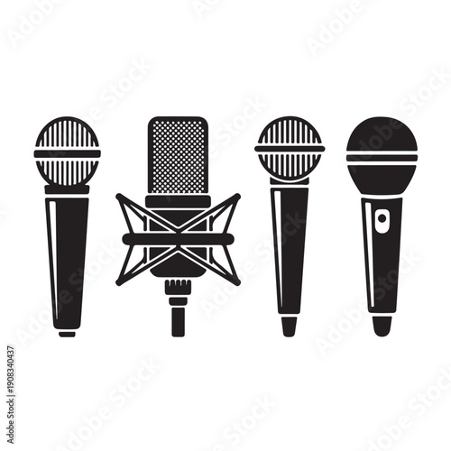 Variety of microphone styles in black silhouette, including studio, dynamic, and condenser types, for audio recording and broadcasting, transparent
