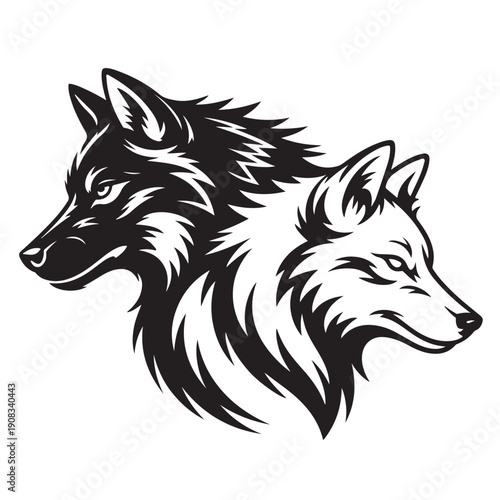 Two fierce wolf heads facing opposite directions detailed silhouette graphic symbol for strength and wild nature