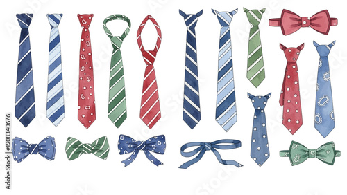 A charming watercolor collection of classic neckwear, including striped ties, polka dot ties, paisley patterns, bow ties, and ribbon accents.