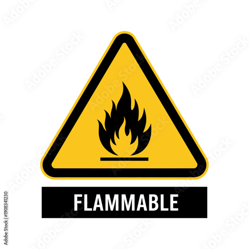 Flammable Warning Sign: Fire Hazard Symbol on Yellow Triangle with Text