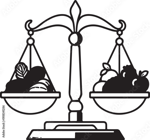 A balanced scale with a variety of fruits and vegetables on each side.
