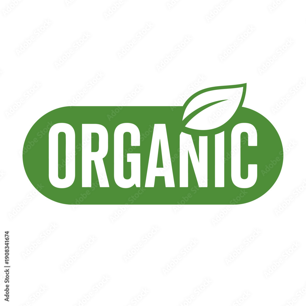 Fototapeta premium Organic Food Label Stamp Green Leaf Symbol Isolated White Background
