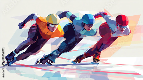 Short track speed skaters racing trio, vector illustration with bright colors and minimalistic background