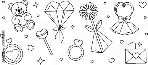 Hand drawn flowers and hearts vector design set for love and celebration cards