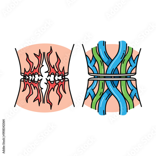 Anatomical Injury vs. Healing and Support Diagram. Before and After concept illustration of damaged tissue and successful recovery or medical binding.