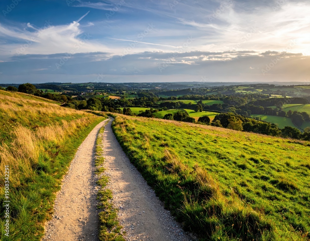 Fototapeta premium Scenic Countryside Pathway Through Green Hills Under Blue Sky