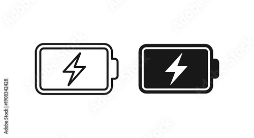 This image displays two black and white battery icons one fully charged and one nearly depleted high quality