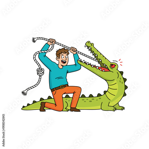 Man Tying Crocodile Jaws with Rope in Dangerous Taming Act
