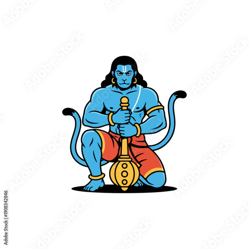 Hanuman Monkey God Kneeling with Gada Mace Vector Illustration