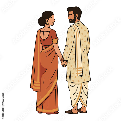 Indian Wedding Couple Holding Hands in Saree and Kurta Illustration