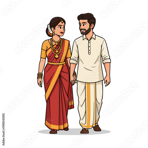 South Indian Couple Holding Hands in Traditional Saree and Dhoti