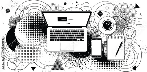 Trendy halftone collage business meeting table with computer coffee cup notebook and documents