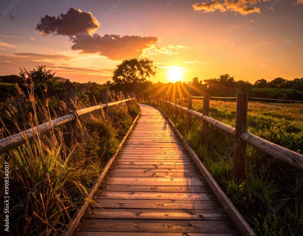 Fototapeta premium Serene Sunset Over Pathway in Nature with Vibrant Sky and Clouds