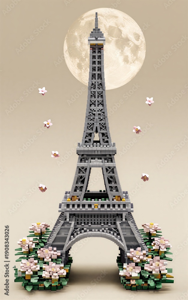 Fototapeta premium Eiffel Tower LEGO model under full moon, surrounded by floating flowers and soft lighting.