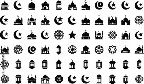 Ramadan Mubarak icon pack with moon and hanging lantern