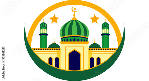 Islamic Mosque Dome Minarets Crescent Moon Stars Emblem Religious Symbolism Architecture