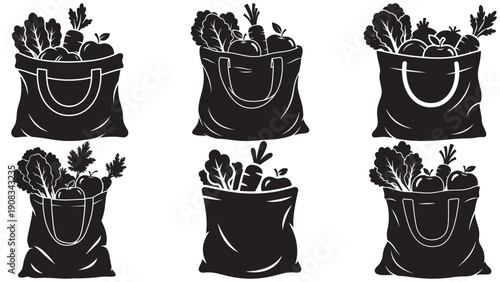 Reusable Cloth Grocery Bag Filled With Produce Silhouettes, Black Solid Vector Icon For Sustainable Shopping And Local Market Design
