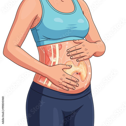 Digestive Health and Abdominal Pain Illustration: Woman holds stomach visualizing internal anatomy, muscles, and discomfort area