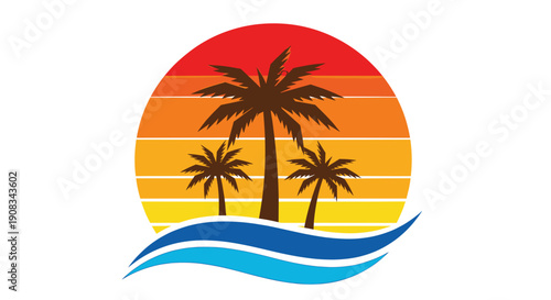 Palm trees silhouetted against a retro sunset over ocean waves