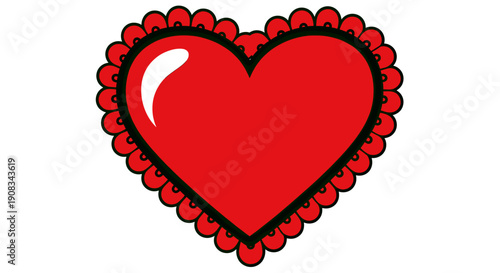 Red Heart Shape with Scalloped Edge Decoration on White Background