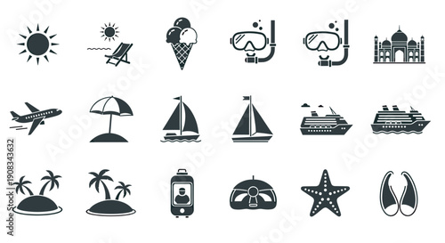 Collection of Travel and Vacation Icons in Silhouette Style