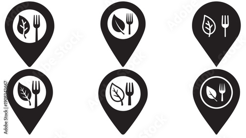 Local Food Map Pin With Leaf And Fork Icon, Black Solid Vector Marker For Local Produce And Farm Locator Design