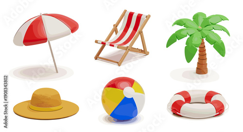 Pixel Art Beach Essentials Collection Featuring Umbrella Chair Palm Tree Hat Ball and Lifebuoy