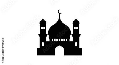 Silhouette of a mosque with domes and minarets on a white background