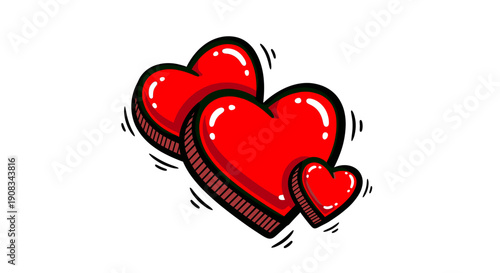 Three Red Hearts Grouped Together With Glossy Finish And Bold Outline