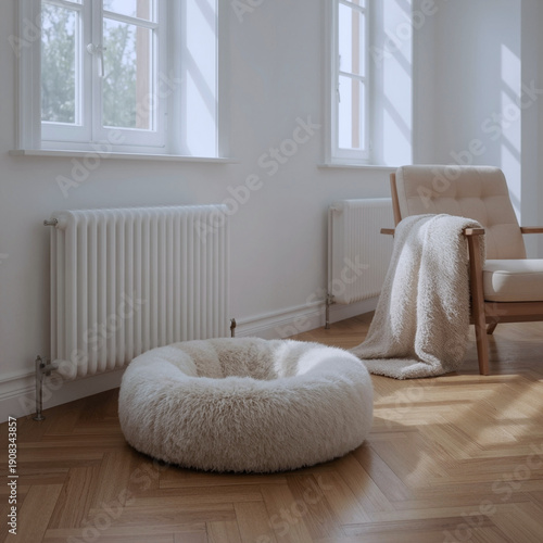 Fluffy round cushion basks in sunlight on wooden floor near radiator. Sunlight through large windows casts geometric shadows on walls beside chair draped with beige blanket.