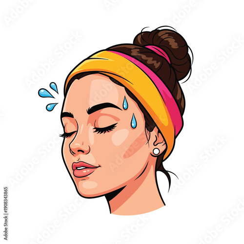 Pop Art Vector Illustration of a Sweating Woman with a Headband after a Hard Workout or Intense Heat