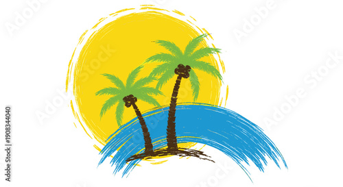 Palm Trees Silhouette Against Yellow Sun and Blue Wave Background Beach Scene